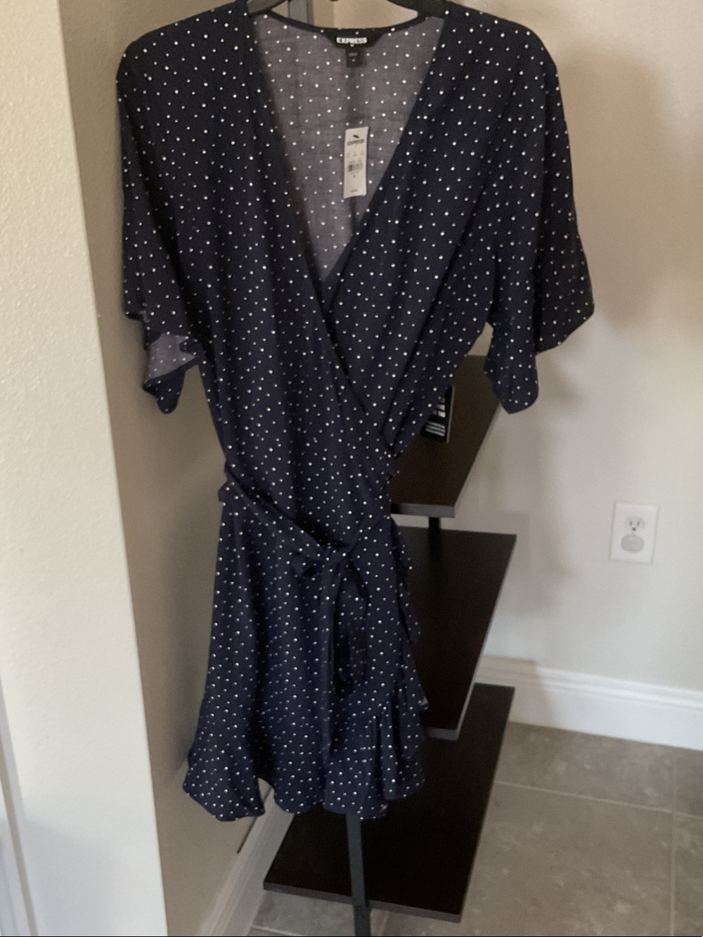 Express Navy Polka Dot Wrap Mini Dress
